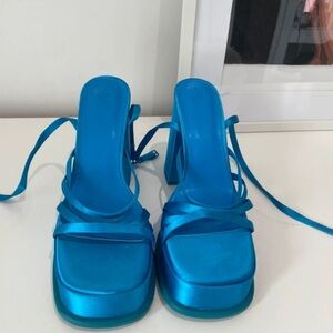 H&M Bright Blue Satin Square-Toe Lace-Up Block Heels